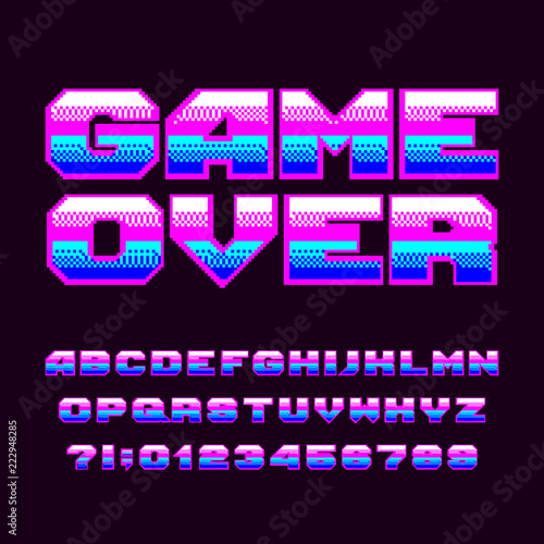 Game over alphabet font. Pixel letters and numbers. 80s arcade video game typeset.
