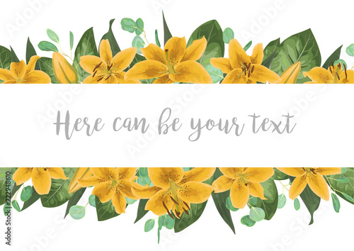 Wedding invite invitation card vector floral greenery design. Forest greenery, herbs, eucalyptus, yellow lilly, botanical green. Horizontal template