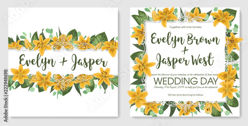 Set wedding invitation cards, invite a card. Vector watercolor style, forest greens, greens, eucalyptus, yellow lilly, botanical green. Horizontal exquisite white frame