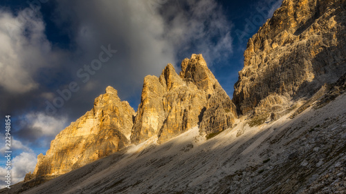 Tre Cime di Laveredo, three spectacular mountain peaks in Tre Cime di Lavaredo National Park, Sesto Dolomites, South Tyrol, Italy