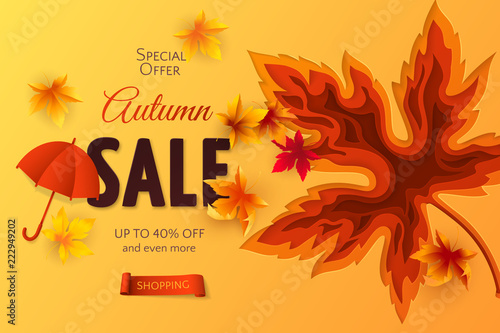 Vector autumn sale banner with 3D realistic carving art of maple leaf, cut out of paper red umbrella, falling maple leaves on orange background. Template for flyer with discount offers in fall season.