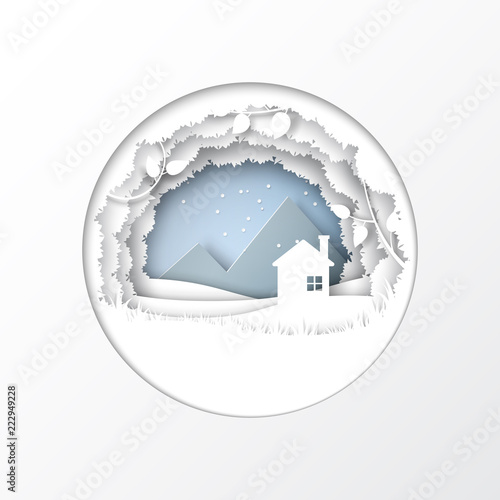 Paper cut of nature and winter season concept with house, leaves plants, and mountain landscape abstract background.Paper art style vector illustration.