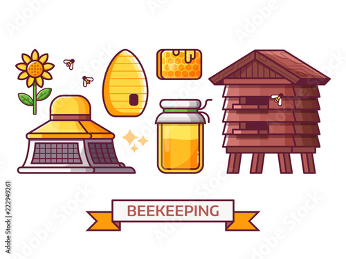 Apiary and beekeeping icon set with apiarist equipment and essentials. Such as beekeeper hat, honey jar, hive and bee house. Beer-garden and honey harvest icons and elements.