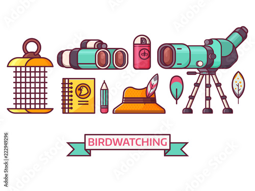 Birding icon set with birdwatcher equipment and elements. Travel scope, binoculars, birder hat and feathers. Ornithology and birdwatching icons in line art.