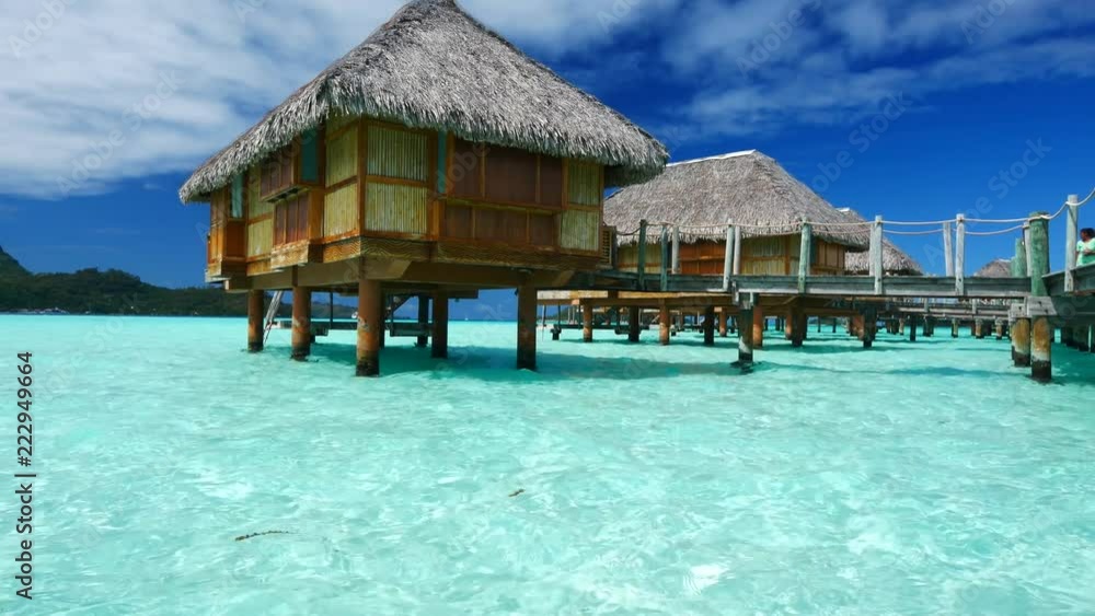 Luxury overwater villas on blue lagoon, white sandy beach and Otemanu mountain at Bora Bora island, Tahiti, French Polynesia
Luxury overwater villas on blue lagoon, white sandy beach and Otemanu mountain at Bora Bora island, Tahiti, French Polynesia