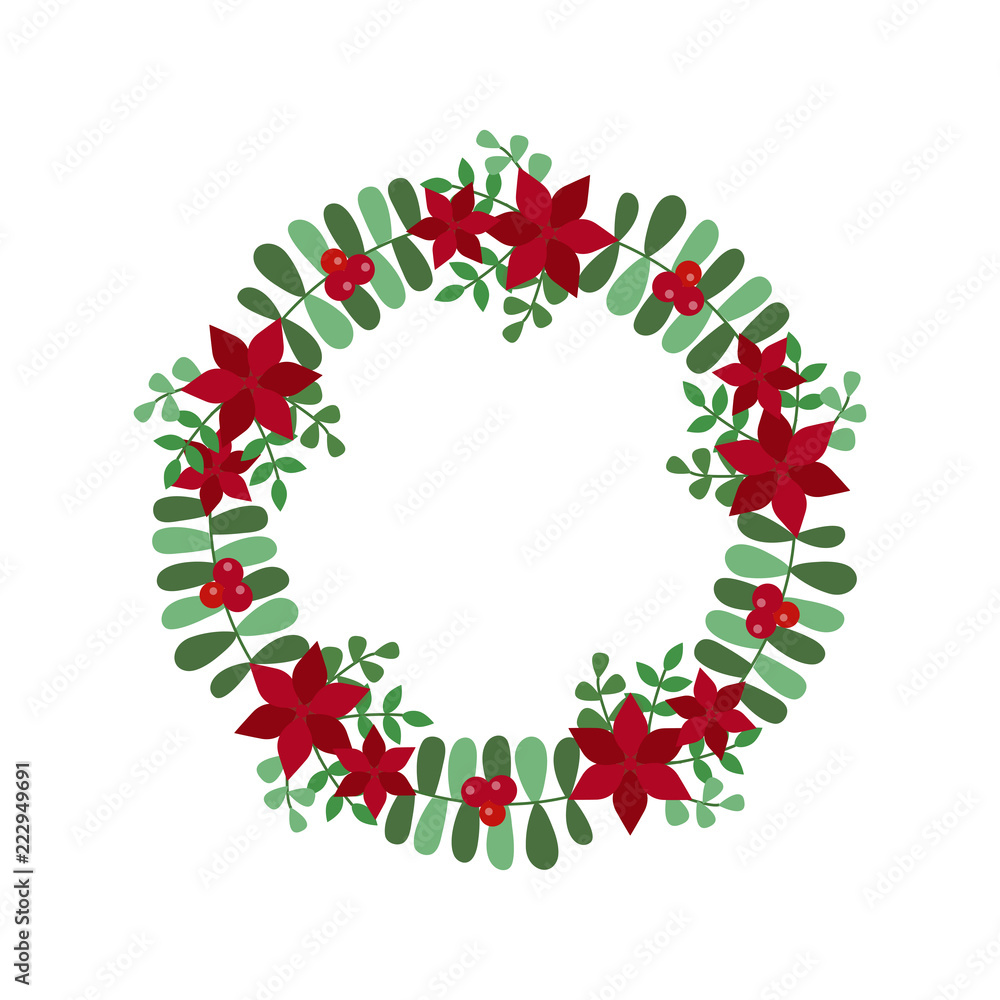 New Year and Christmas wreath flat design icon isolated on white background. Natural holiday wreath with red holly berries, flowers and leaves.