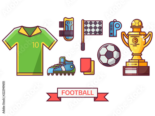 Soccer icon set with training equipment and playing elements. Football championship icons. Such as winner trophy cup, soccer ball, flag and other game essentials in line art.