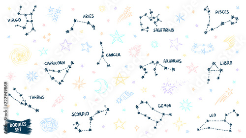 Constellation doodles. Zodiac signs. Stars sketch. Zodiac symbols. Cosmic. Space. Virgo. Aquarius. Libra. Capricorn. Aries. Gemini. Pisces. Cancer. Scorpio. Leo. Taurus. Sagittarius.