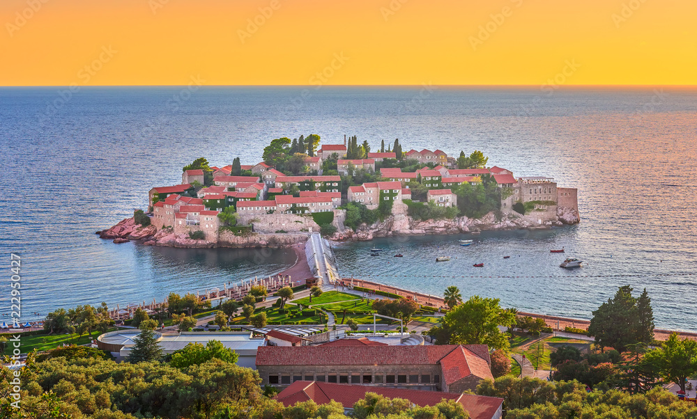 Panoramic view of Sveti Stefan (St Stephan) Budva, Montenegro
