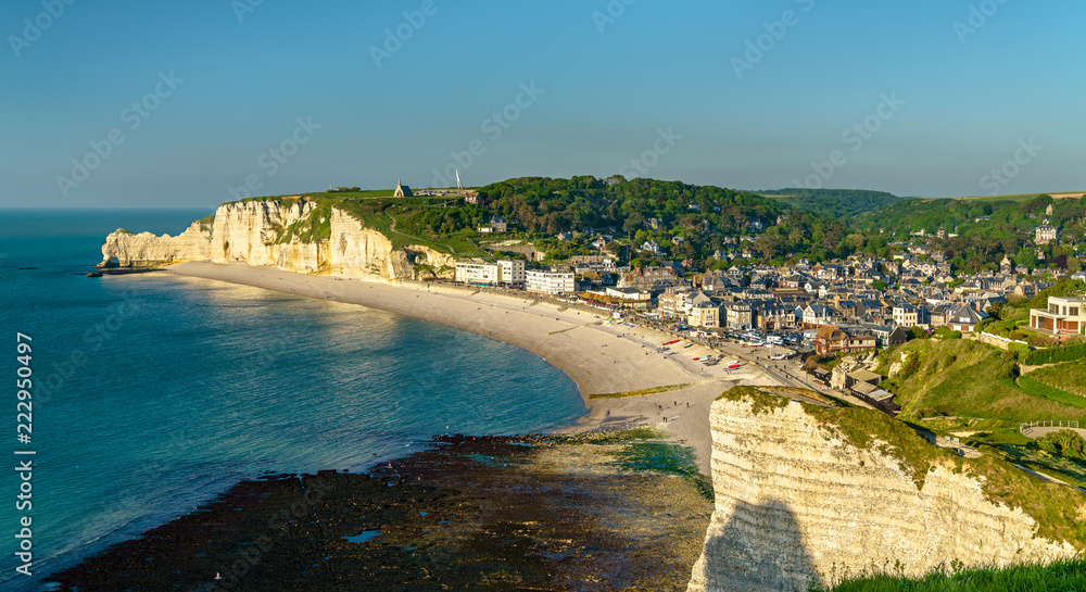 Panorama of Etretat, a tourist town in Normandy, France
