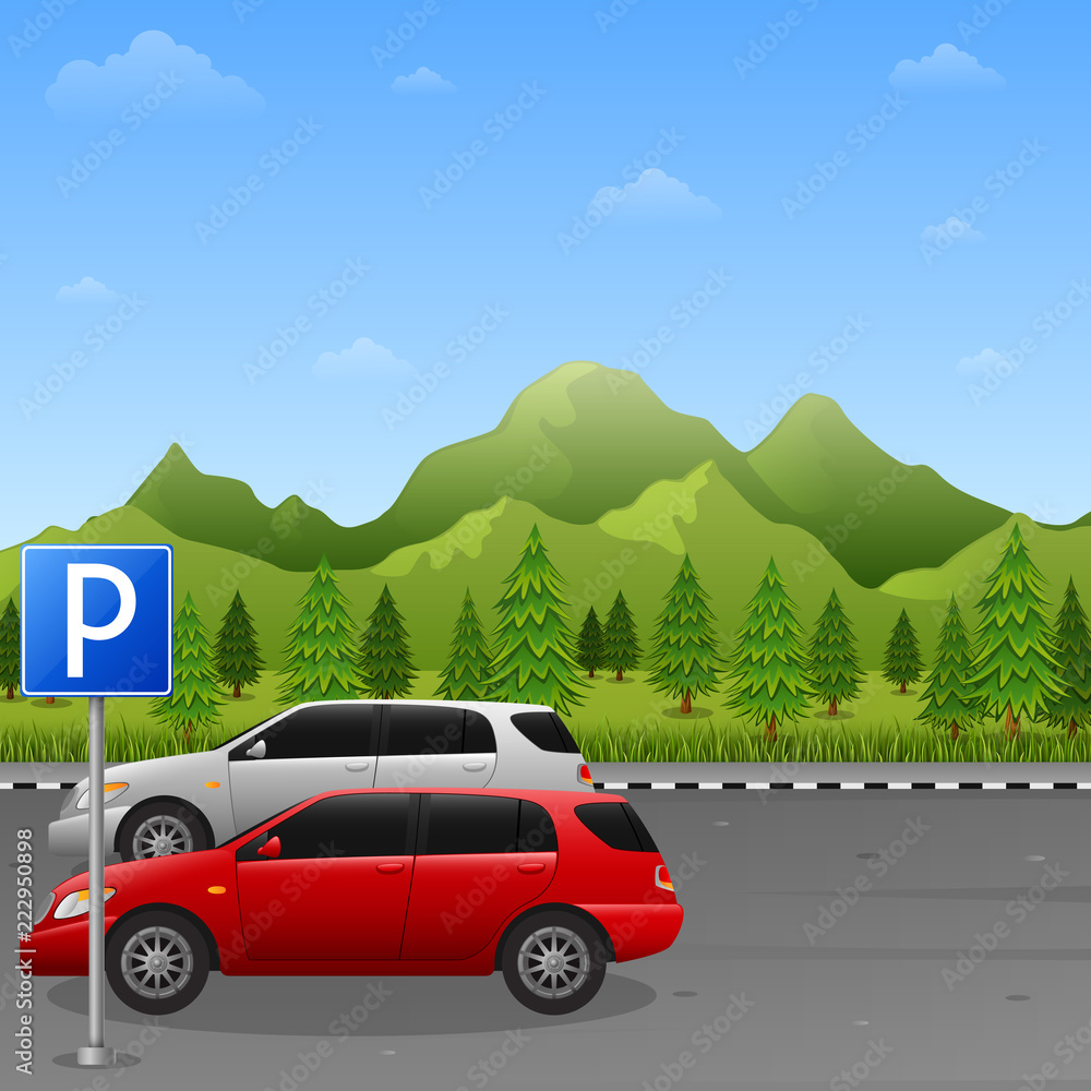 Mountains landscape with parking zone sign and two car