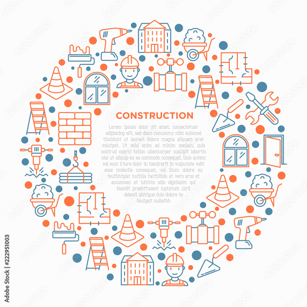 Construction concept in circle with thin line icons: builder in helmet, work tools, brickwork, floor plan, plumbing, drill, trowel, traffic cone, stepladder. Vector illustration, print media template.