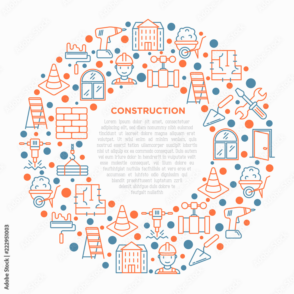 Naklejka premium Construction concept in circle with thin line icons: builder in helmet, work tools, brickwork, floor plan, plumbing, drill, trowel, traffic cone, stepladder. Vector illustration, print media template.