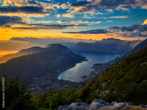 Panoramic view on Kotor bay, Montenegro at sunset
