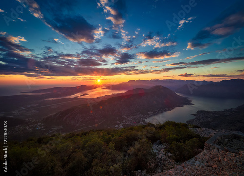 Panoramic view on Kotor bay, Montenegro at sunset 