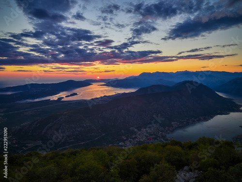 Panoramic view on Kotor bay  Montenegro at sunset  