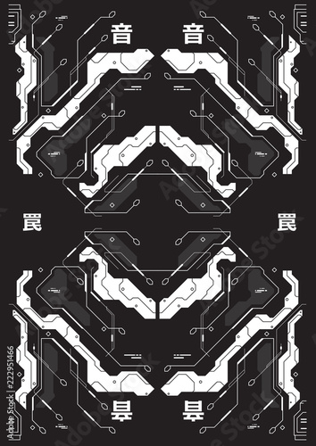 Cyberpunk futuristic poster with japanes style elements. Tech Abstract poster template. Modern flyer for web and print.