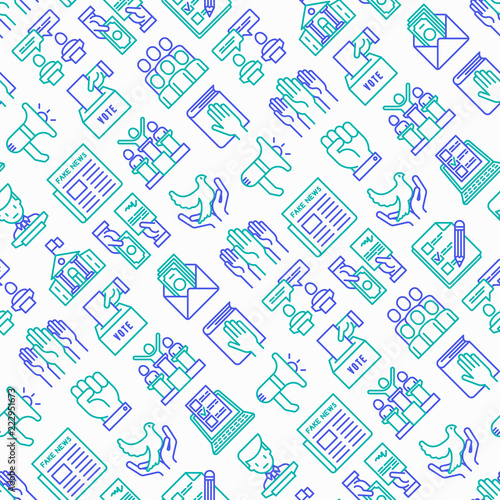 Election and voting seamless pattern with thin line icons: voters, ballot box, inauguration, corruption, debate, president, political victory, propaganda, bribe, agitation. Vector illustration.