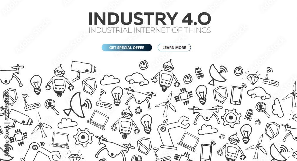Industry 4.0 banner. Smart industrial revolution, automation, robot assistants. Vector illustration. Industry 4.0 banner. Smart industrial revolution, automation, robot assistants. Vector illustration.