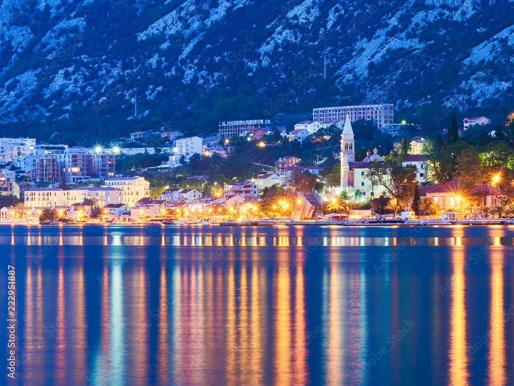 Fototapeta premium Kotor bay in Montenegro at night. Water reflections 
