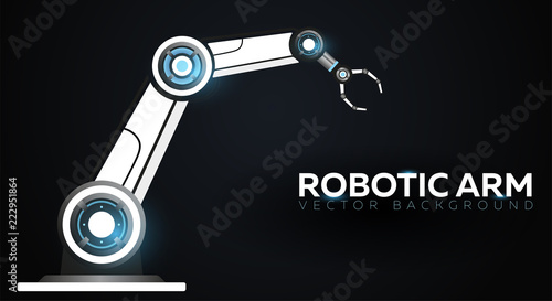 Industry 4.0 banner with robotic arm. Smart industrial revolution, automation, robot assistants. Vector illustration.