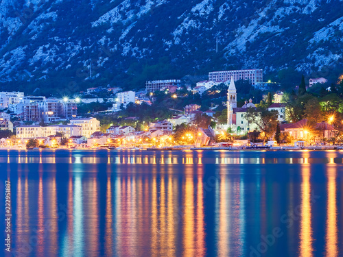 Kotor bay in Montenegro at night. Water reflections 