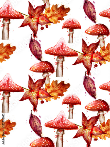 Autumn pattern with red Mushrooms watercolor Vector on white backgrounds