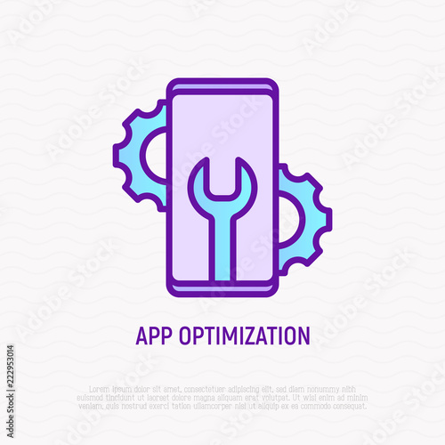 App optimization thin line icon: smartphone with wrench and wheels. Modern vector illustration of app development.