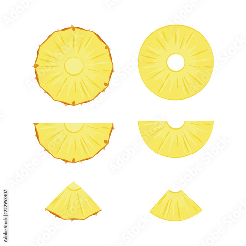 Cut slices of ripe yellow pineapple on a white background.