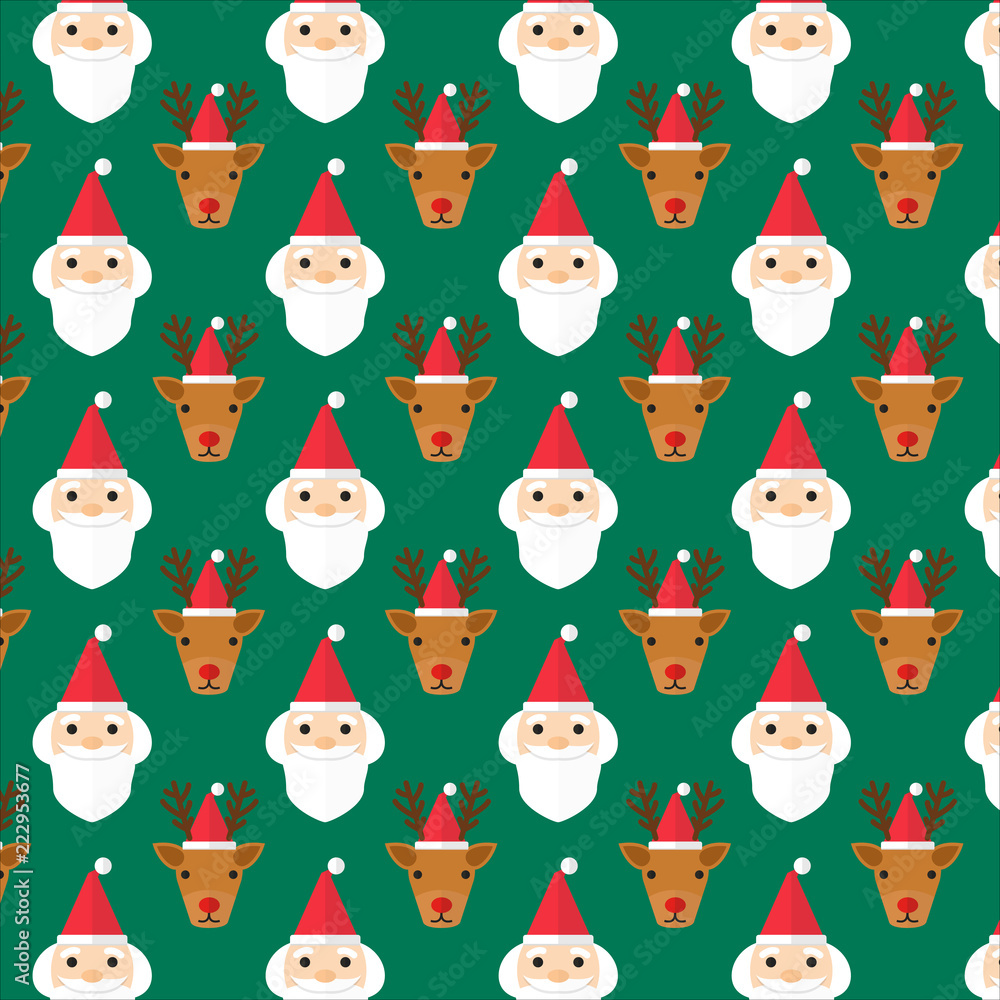 X'mas faces pattern gift wrap paper. Santa , reindeer with red hats. Green rectangle background. Flat style. 