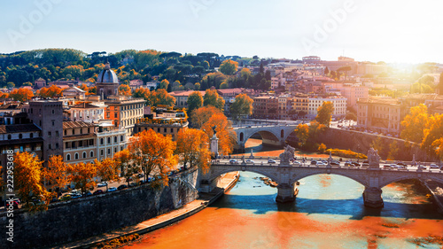 Canvas Print Skyline with bridge Ponte Vittorio Emanuele II and classic architecture in Rome, Vatican City scenery over Tiber river