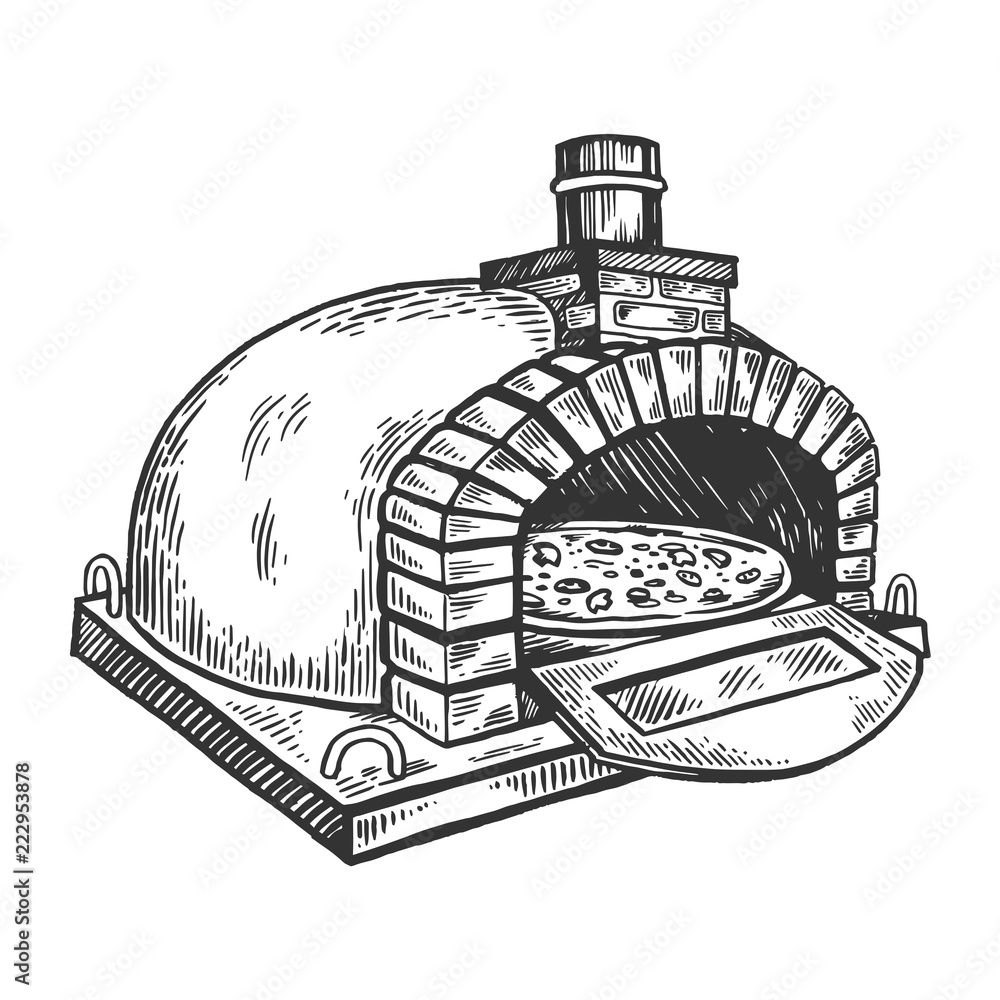 pizza oven engraving vector illustration. Scratch board style imitation