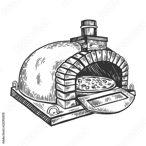 pizza oven engraving vector illustration. Scratch board style imitation. Black and white hand drawn image.