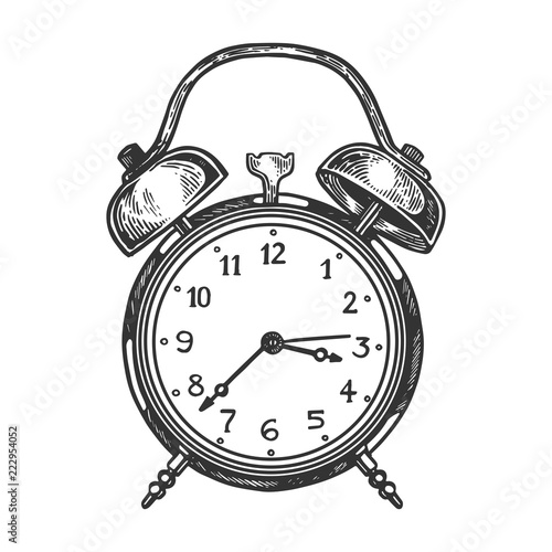 Alarm clock engraving vector illustration. Scratch board style imitation. Black and white hand drawn image.