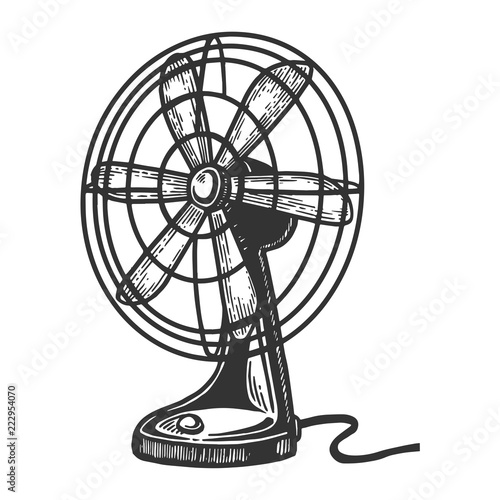 Old table fan engraving vector illustration. Scratch board style imitation. Black and white hand drawn image.