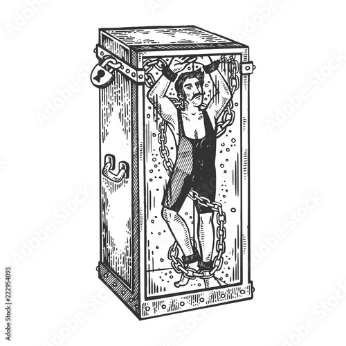 Circus trick in shackles and aquarium engraving vector illustration. Scratch board style imitation. Black and white hand drawn image.
