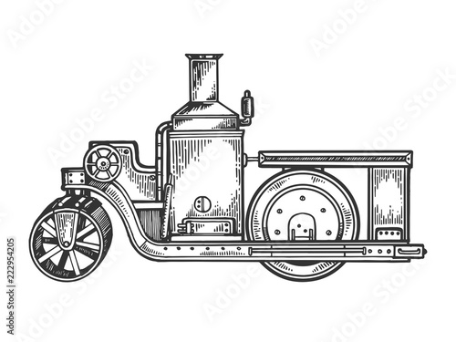 Steam engine road roller tractor engraving vector illustration. Scratch board style imitation. Black and white hand drawn image.