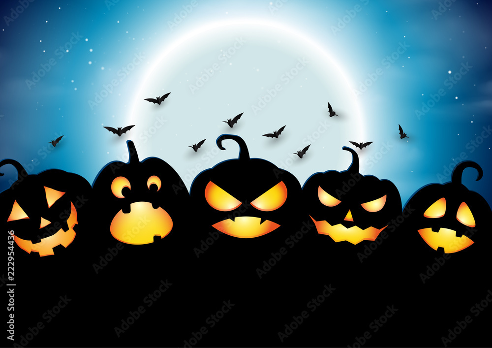 Halloween pumpkins on full moon night background paper art style.Vector illustration.