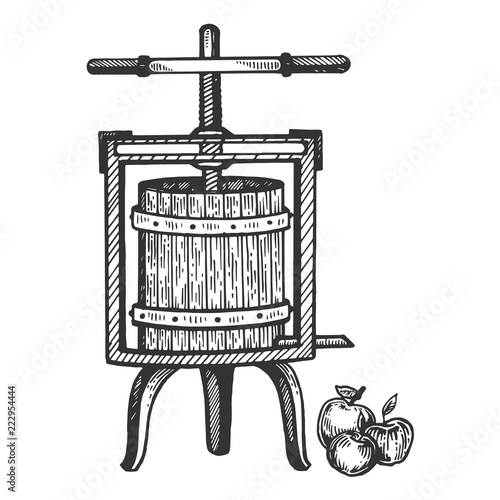 Apple cider juice press engraving vector illustration. Scratch board style imitation. Black and white hand drawn image.