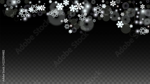 Christmas  Vector Background with White Falling Snowflakes Isolated on Transparent Background. Realistic Snow Sparkle Pattern. Snowfall Overlay Print. Winter Sky. Design for Party Invitation.