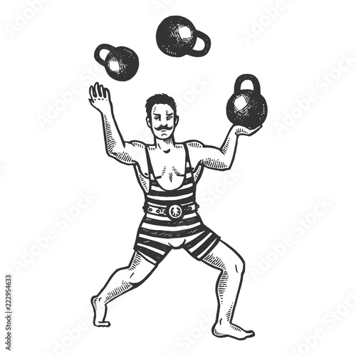 Circus strongman juggles with weights engraving vector illustration. Scratch board style imitation. Black and white hand drawn image.
