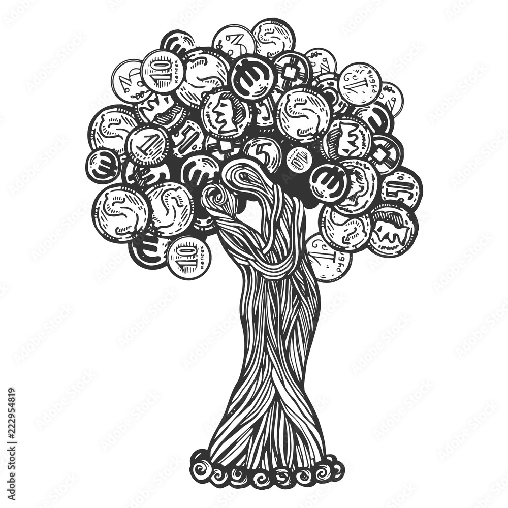 Coin Tree Colour In Tree with coins engraving vector illustration. Scratch board style ...