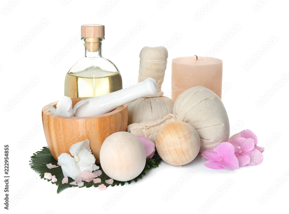 Beautiful spa composition with hydrangea flowers and sea salt on white background Beautiful spa composition with hydrangea flowers and sea salt on white background