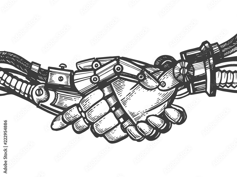 Mechanical human robot handshake engraving vector illustration. Scratch board style imitation. Black and white hand drawn image.