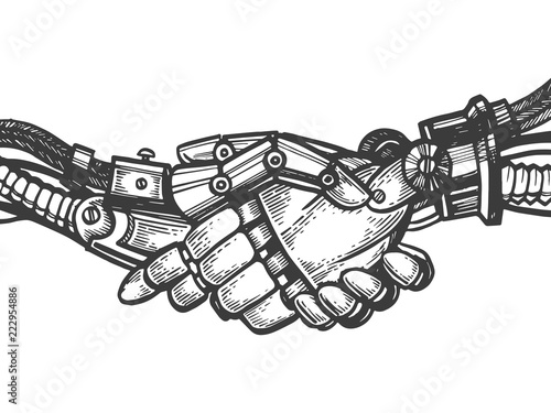Mechanical human robot handshake engraving vector illustration. Scratch board style imitation. Black and white hand drawn image.