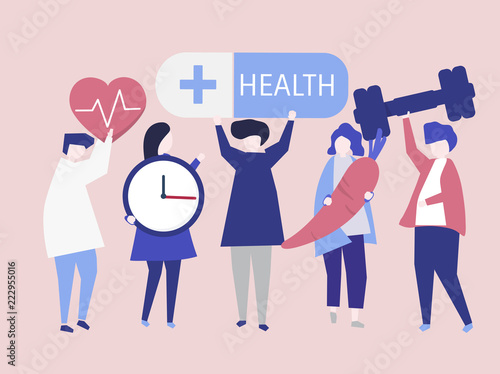 Characters of people holding health icons illustration