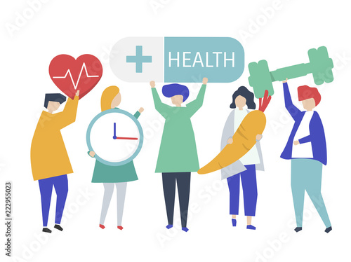 Characters of people holding health icons illustration