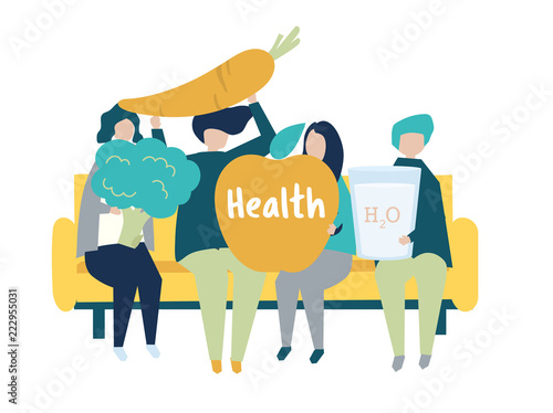 Characters of people holding health icons illustration