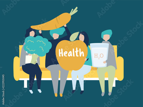 Characters of people holding health icons illustration