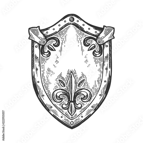 Ancient knight shield engraving vector illustration. Scratch board style imitation. Black and white hand drawn image.